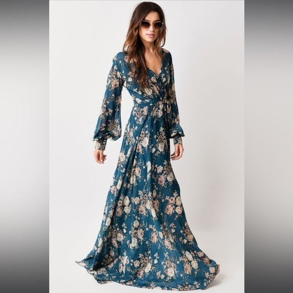 Meghan LA Split Sleeve Floral Maxi Dress Long Sleeve Blue Chiffon Surplice M - Picture 1 of 16